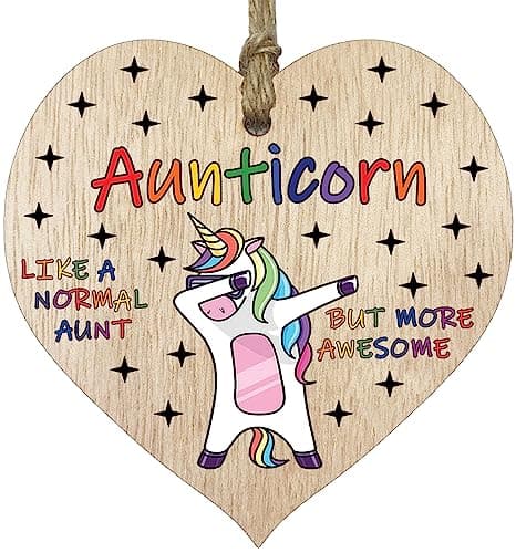 Image of Auntie Birthday Gift for Her - Aunticorn - Wooden Heart Plaques, Light Wood Sign Keepsake, Funny Aunty Happy Birthday Plaque Auntie Gifts Unicorn Awesome Aunt Present from Nephew or Niece