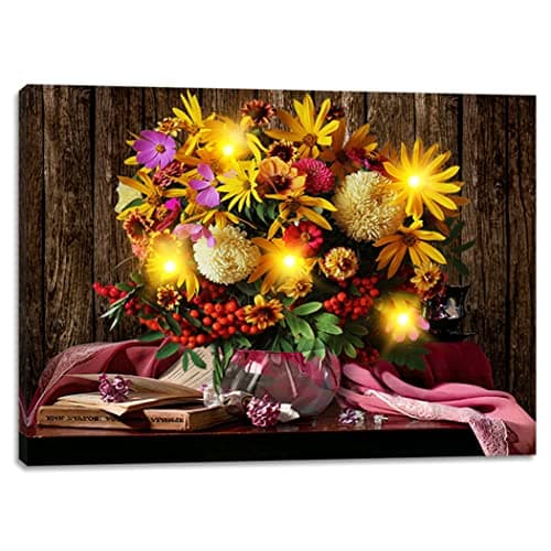 Image of alottagifts Flower Bouquet Lighted Canvas Wall Art Print 16" x 12" With Timer | LED Canvas Canvas Wall Art Print Design (Flower Bouquet,16" x 12")