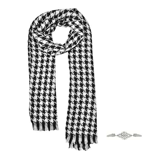 Image of SwirlColor Tartan Scarf, Houndstooth Scarf Soft Comfortable Multiuse Long Scarves for Women Men in Autumn Winter Spring 1pcs, with Clip Brooch 1 pcs Black and White
