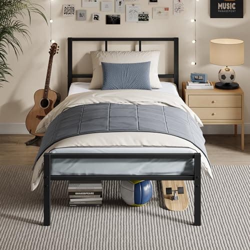 Image of VASAGLE Single Bed Frame, 90 x 190 cm, with Slats and Headboard, Metal Platform Bed, Supports Up to 250 kg, Easy Assembly, Modern Bedroom Furniture, Ink Black RMB291B101