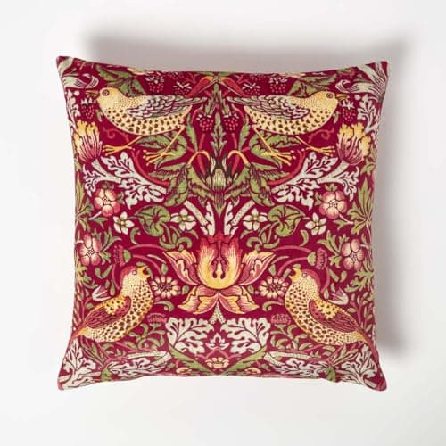 Image of HOMESCAPES William Morris Cushion Red Velvet Strawberry Thief Design with Cushion Insert 45 x 45 cm Decorative Art Nouveau Throw Pillow for Sofa or Bed