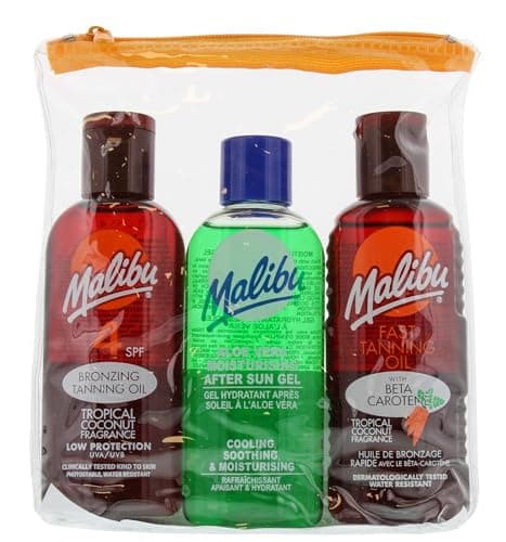 Image of Malibu Sun Fast Tanning Travel Essentials, SPF 4 Bronzing Tanning Oil, Beta Carotene Tan Enhancer & Aloe Vera After Sun Gel, Water Resistant Holiday Travel Set, Tropical Coconut Fragrance, 3 x 100ml