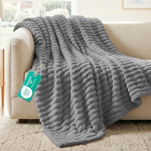 Image of Sunshine Comforts Fleece Stripe Throw Blanket For Sofa - 100% Polyester Soft Cosy Warm Blankets For Bed, Light Warm Soft Cute Throw For Women and Girls - Silver Grey, Double (150X200CM)