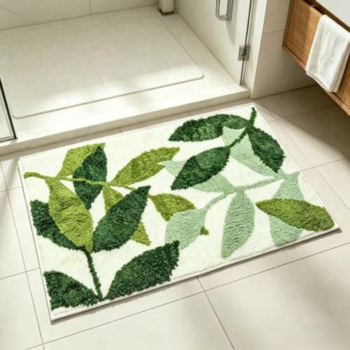 Image of Morbuy Non-Slip Bath Mat, 50 x 80 cm Green Leaf Bathroom Floor Mat Super Soft and Water Absorbent, Machine Washable Microfiber Bathroom Rug for Shower, Bedroom, Kitchen, Doorway