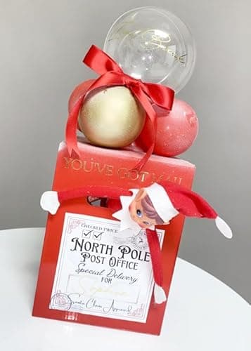 Image of Personalised Naughty Elf Arrival Christmas Red Post Box with Balloon Topper 44cm (MALE ELF)