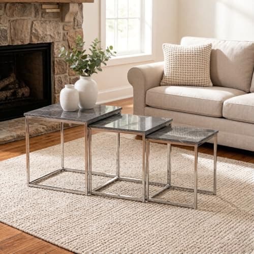 Image of Homullel Nesting Tables Set of 3, Stacking End Side Lamp Coffee Table for Living Room, Chrome Frame High Gloss Tabletop (Concrete Grey)