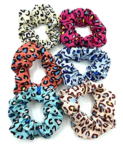 Image of Pack of 6 Leopard Print Scrunchies, Womes/Girls Hair Bands, Bobbles , Hair Ties