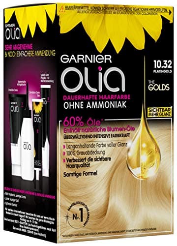 Image of Garnier Olia Permanent Hair Colour without Ammonia, Nourishing Hair Colour for 100% Grey Hair Coverage, The Golds, 10.32 Platinum Gold (Blonde) Pack of 3
