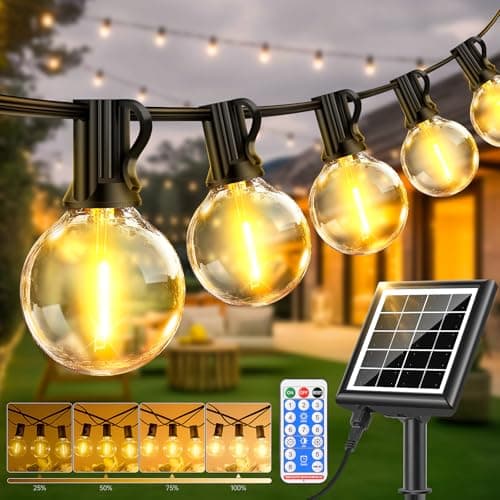 Image of PBGMRT Dimmable Solar Outdoor String Lights - 30M/100FT G40 Solar Powered Garden Lights 38+2 LEDs, Remote 3 Timer 8 Modes Waterproof Outside Festoon Lights for Gardens Patios Fences Pergolas