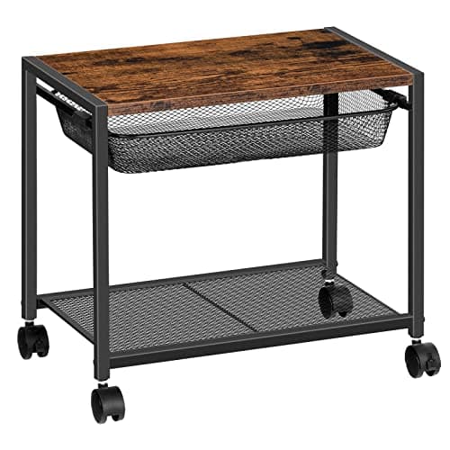 Image of HOOBRO Printer Stand, 2-Tier Printer Table with 4 Removable Casters, Under Desk Storage Cart on Wheels, Heavy Duty Machine Storage Rack for Office and Home, Rustic Brown and Black EBF12PS01