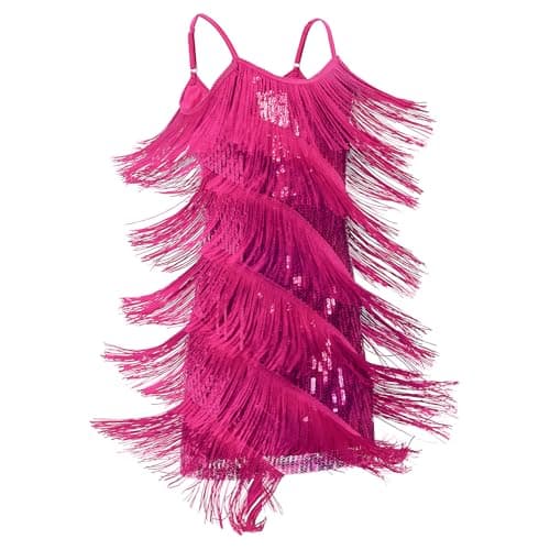 Image of FYMNSI Latin Dance Dress for Girls Salsa Tango Jazz Ballroom Dancing Outfit Kids V-neck Sparkly Sequin Tassel Fringed 1920s Flapper Dresses Stage Performance Competition Dancewear Hot Pink 10-11 Years
