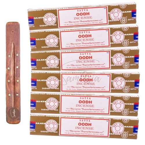 Image of Satya Nag Champa Oodh Incense Sticks | x6 pack | with SAMASIA incense sticks holder | Used for Aromatherapy, Spa, Yoga, Weddings, Meditation, Healing, Positivity and Relaxation