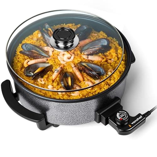 Image of VonShef Electric Frying Pan 5L – 30cm Multi Cooker, Non-Stick Electric Skillet with Glass Lid & Adjustable Temperature, Easy Clean, Cool Touch Handles & Detachable Power Cable for Serving – 1500W