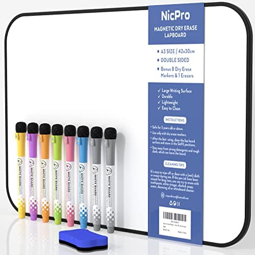 Image of Nicpro Dry Erase Whiteboard A3, Magnetic Double Sided 30 x 42 cm White Board with Black Border, Including 8 Water-Based Pens and 1 Eraser for Kid Writing & Drawing, Student School, Classroom, Home Use