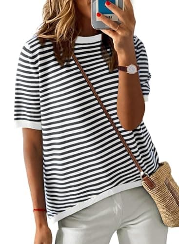 Image of PASUDA Womens Short Sleeve Tops Summer Casual Round Neck T Shirts Ladies Knit Striped Loose Tee Shirts Tops(White,L)