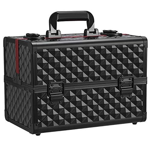 Image of Yaheetech Professional Makeup Box Extra Large Cosmetic Case with 4 Trays, Beauty Nail Polish Jewellery Case Train Case Lockable, Black/Red