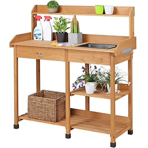 Image of Yaheetech Garden Potting Table, Wood Potting Bench Removable Sink Drawer Planting Germination Workstation w/Open Shelves & Side Hooks for Patio, Balcony, Yard & Lawn