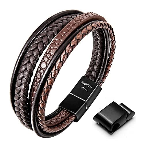 Image of Speroto Men's Adjustable Premium Leather Bracelet with Stainless Steel Magnetic Clasp - Multi-Layer Braided Genuine Leather - Brown, 22cm