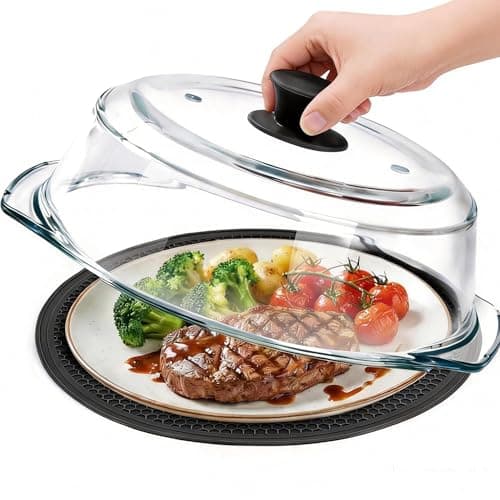 Image of Glass Microwave Splatter Cover for Food with Microwave Place Mat - Sturdy Splatter Guard Lid with Vent Holes and Easy-Grip Silicone Handle - BPA Free, Dishwasher Safe (Black)