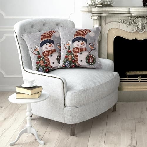 Image of La Maison Christmas Soft Cotton Chenille Tapestry Cushion Cover Xmas Festive Scatter Cushions Nordic Santa Reindeer Stag Snowman (Snowman & Robin, 2 x Filled Cushion)