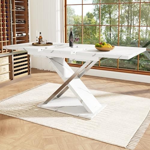 Image of FammyLoft Extendable Dining Table, Rectangular Kitchen Tables with Cross Legs Design and Marble Pattern, 6-8 Seater Side Table for Dining Room and Living Room, 118-157 * 75 * 76.4cm, White(No Chairs)