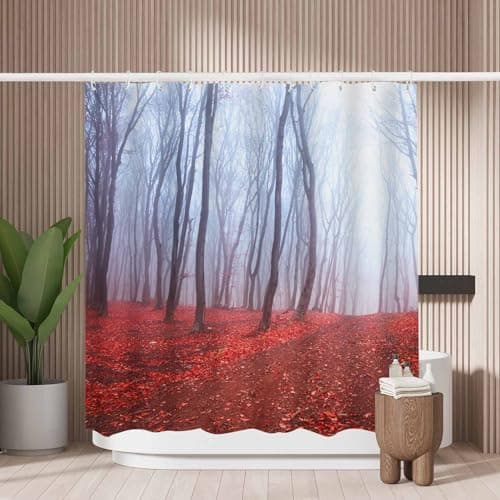 Image of Woutay Shower Curtain Mould Proof Resistant Foggy Mystic Red Leaves,Water Repellant Fabric,Polyester,with 12 Plastic Hooks,Size 180x180CM