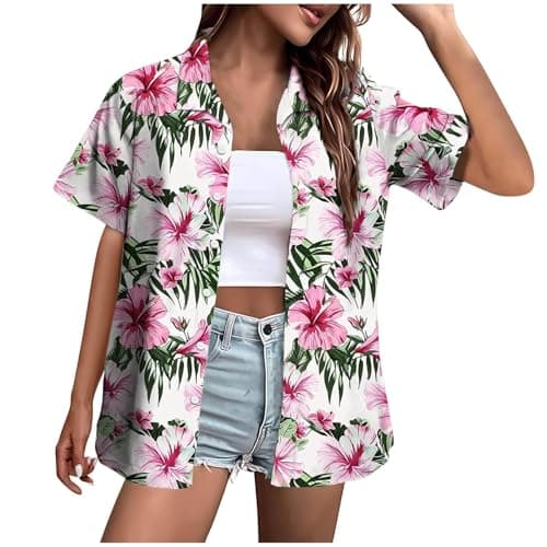 Image of Generisch Women's New Baggy Lapel Holiday Shirt with Short Sleeves and 3D Digital Print, Light pink, S