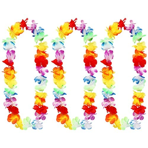 Image of Chuangdi 3 Pcs Hawaiian Leis Garland Ruffled Hula Aloha Flower Necklaces Luau Hen Stag Hawaiian Fancy Dress Decorations for Kids Adults Beach Tropical Themed Birthday Party Accessories Favors