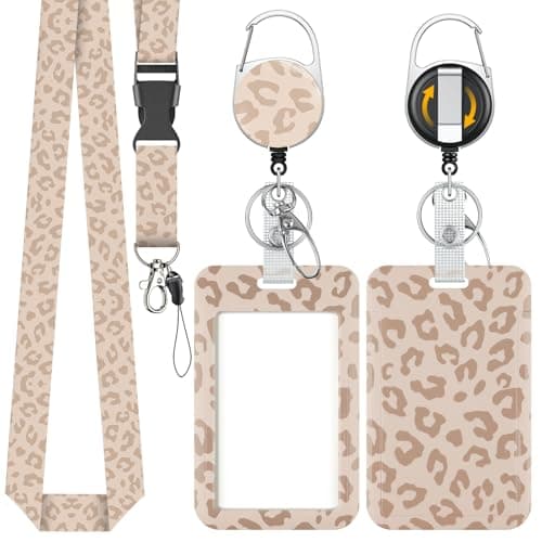 Image of Uniclife Fashionable Sliding Badge Holder Leopard Print Plastic Card Holder with Retractable Badge Reel Carabiner & Detachable Lanyard Vertical Card Protector for Office Worker Teacher Student