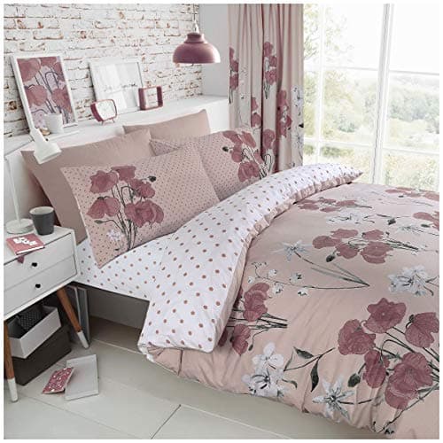 Image of GC GAVENO CAVAILIA Poppy Floral King Size Bedding Set, Reversible Duvet Cover with Pillowcases | Easy Care Cotton Blend Quilt Cover | Soft, Durable and Machine Washable Bed Linen, Blush Pink