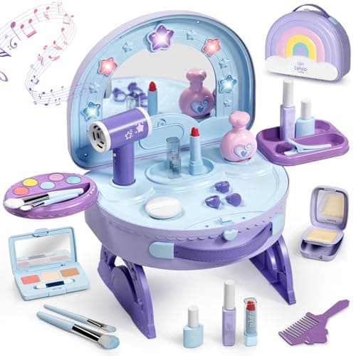 Image of Lehoo Castle Kids Vanity Toys for 3 4 5 Year Old Girls, 2-in-1 Portable Dressing Table with Pretend Makeup Set, Toddler Vanity with Lights and Music, Birthday Gifts for Girl Aged 3+