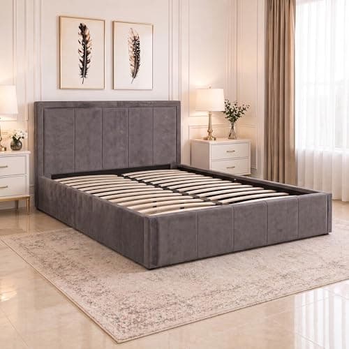 Image of SANA SLEEP Upholstered Bed | Ottoman Frame Grey Plush Fabric With Storage (4FT6 Double)