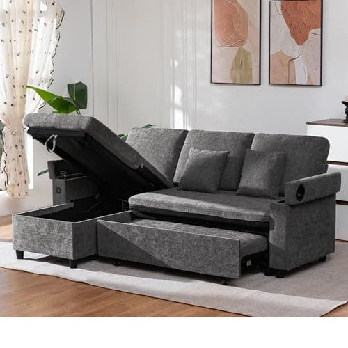 Image of MAXYOYO Corner Sofa Bed with Storage, Pull Out Sectional Sofa Bed with Left/Right Convertible Launge, USB, Cup Holder, Linen Fabric for Living Room Apartment