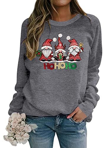 Image of Dresswel Women Merry Christmas Jumpers Hohoho Funny Gnome Graphic Print Sweatshirt Crew Neck Long Sleeve Dwarfs Xmas Pullover Tops Blouse