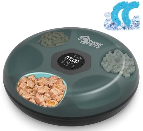 Image of Ownpets Automatic Timer Pet Feeder, Auto Dispenser With Battery USB Power Supply, Two Ice Packs, 6-Meal(Each ½ lb), for Wet and Dry Food, Black