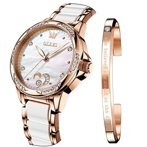 Image of OLEVS Ladies Watches Automatic Elegant Mechanical Analogue Fashion Diamond Dress Date Ceramic Stainless Steel Strap Rose Gold Wrist Watch for Women
