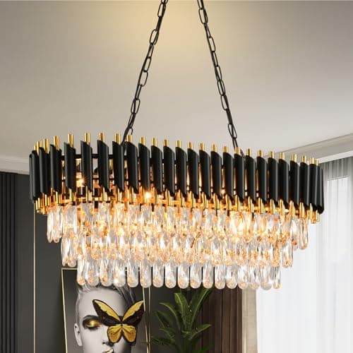 Image of MSSIAN Modern Crystal 3-Tier K9 Oval Chandelier - Black Gold Crystal Light Fixture for Dining Room, Living Room, Bedroom & Entryway - E14*8Light