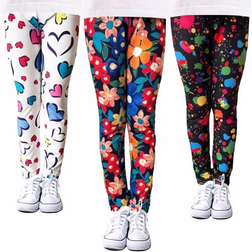 Image of VilyR Girls Printed Leggings 3-Pack Toddler Stretch Dance Running Yoga Sports Tights Pants,Flowers+Paint Colors+Love.3-4T