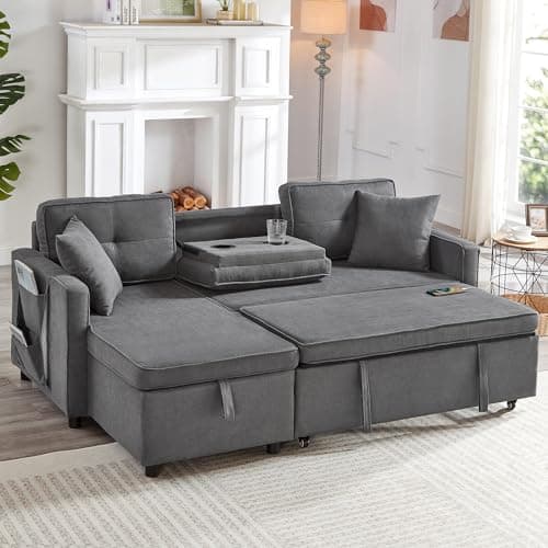 Image of BTM L-Shaped Pull Out Sofa Bed, 3 Seater Sofa Bed, 3 in 1 Convertible Sectional Sofa with Storage Chaise, Drop-Down Table, Cup Holders and Charging Ports (USB & Type-C), Grey