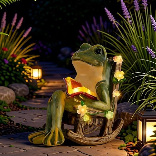 Image of HIULLEN Garden Ornaments Outdoor Solar Frog Statues, Solar Garden Statues Miniature Frog Figurine, Frog Solar Garden Ornament with 7 LED Lights for Patio Balcony Yard Home Unique Housewarming
