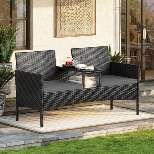 Image of Aoxun 2 Seater Rattan Garden Bench, Extra Wide Outdoor Loveseat with Storage Side Table, Comfortable Patio Furniture Set with Cushions and Rain Cover for Garden Balcony Backyard (Dark grey)