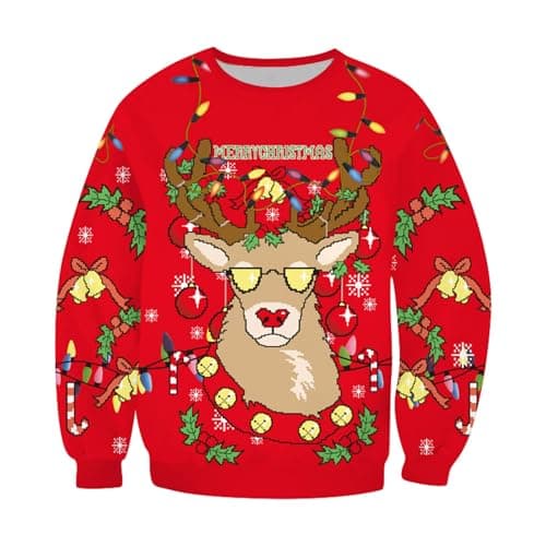 Image of Generisch Christmas Jumper Kids Sweatshirt Crew Neck Doodle Print for Boys Casual Pullover Graphic Soft Fleece Top for Kids Holiday Party, red, 5-6 Years