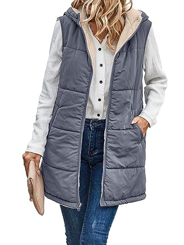 Image of Famulily Ladies Long Padded Gilet Sleeveless Reversible Puffer Vest Fluffy Hooded Down Body Warmer Outerwear Gray S