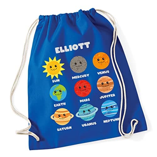 Image of Hippowarehouse Personalised Cute space planets Drawstring Cotton School Gym Bag 37cm x 46cm, 12 litres
