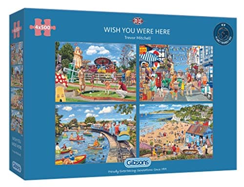 Image of Gibsons Wish You Were Here 4 x 500 Piece Jigsaw Puzzle Set for Adults – Multi-Box Holiday Puzzle Collection by Trevor Mitchell – Premium Sustainable Puzzles