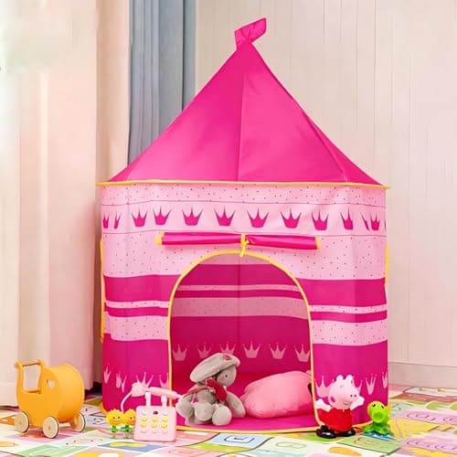 Image of Pop Up Princess Castle Teepee Tent - Pink, Print Cloth Mongolian Yurt, Indoor/Outdoor Portable Play Tent