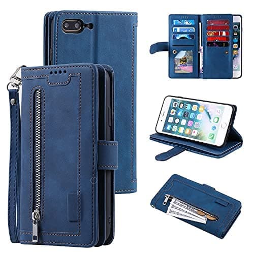 Image of UEEBAI Wallet Case for iPhone 7 Plus iPhone 8 Plus, Retro 9 Card Holder Slots Zipper Pocket Handbag Case PU Leather Magnetic Closure Kickstand with Wrist Strap TPU Shockproof folio Case - Blue