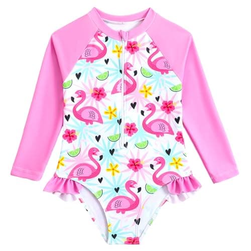 Image of JiAmy Girls Swimsuit Swimming Costume Long Sleeve One-Piece UV Protection Swimwear Summer Rash Guard Bathing Suits Rose Flamingo 5-6 Years