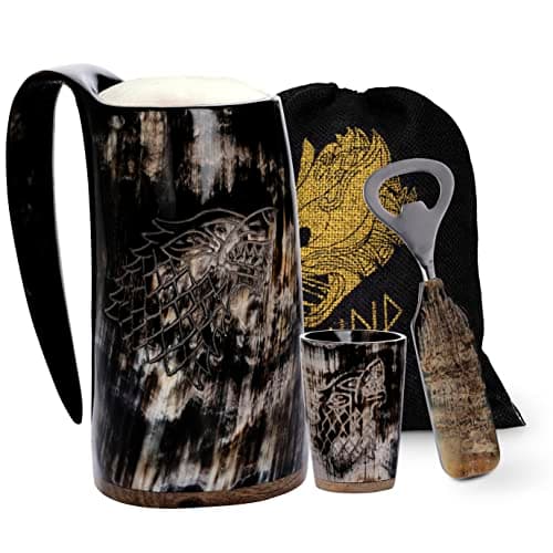 Image of Fenrir 16 oz Viking Horn Mug with Shot Glass and Opener for ale Beer & Cold Drink - Father's Day Gift Idea Natual Wolf Finish