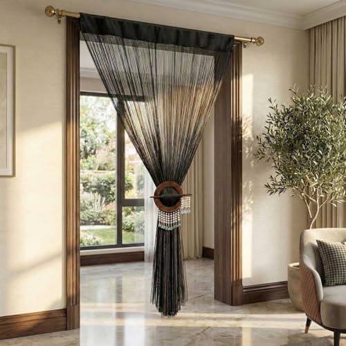 Image of HOMESCAPES - Spaghetti String Curtain - Black - 100% Polyester - Hand Woven High Density Superior Door Curtain Panels - 200cm or 79 Inch drop - Can Be Cut To Size